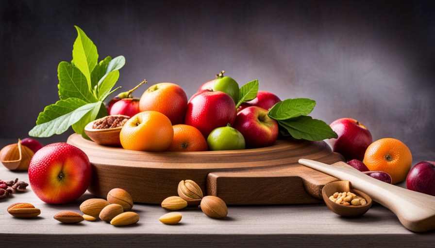 An image showcasing a vibrant, colorful array of freshly-picked fruits, leafy greens, and nuts, beautifully arranged on a wooden chopping board