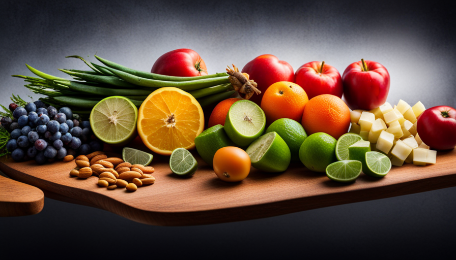 An image showcasing a vibrant array of fresh, uncooked fruits, vegetables, nuts, and seeds, beautifully arranged on a wooden cutting board, embodying the diverse and nutritious options available on a raw food diet