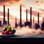 An image showcasing a vibrant plate of raw fruits and vegetables, juxtaposed against a backdrop of polluted smokestacks and chemicals, symbolizing the detrimental effects of toxins on our pristine raw food