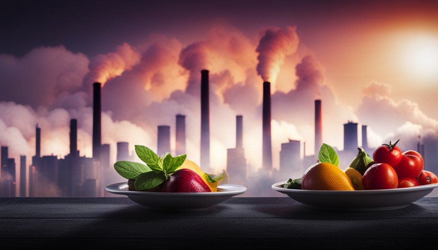 An image showcasing a vibrant plate of raw fruits and vegetables, juxtaposed against a backdrop of polluted smokestacks and chemicals, symbolizing the detrimental effects of toxins on our pristine raw food