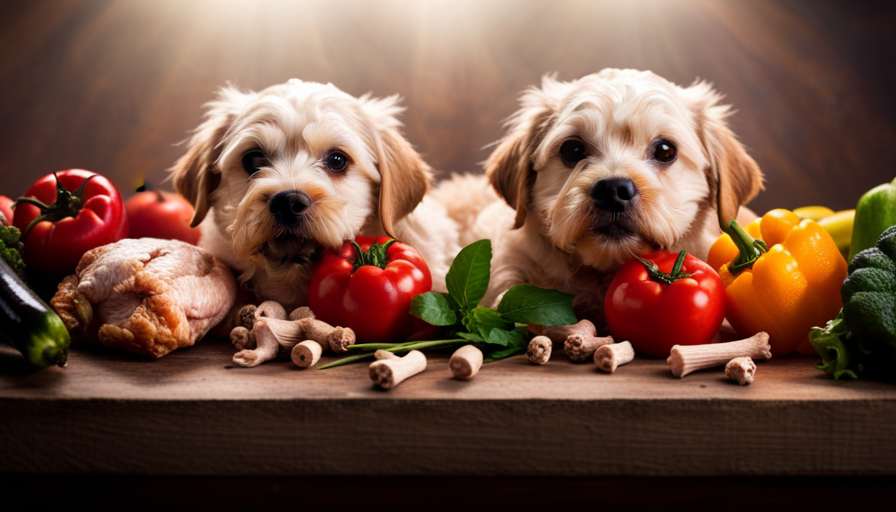 An image showcasing a variety of fresh, vibrant ingredients like raw chicken, fruits, vegetables, and bones arranged in an organized manner, highlighting portion sizes suitable for puppies