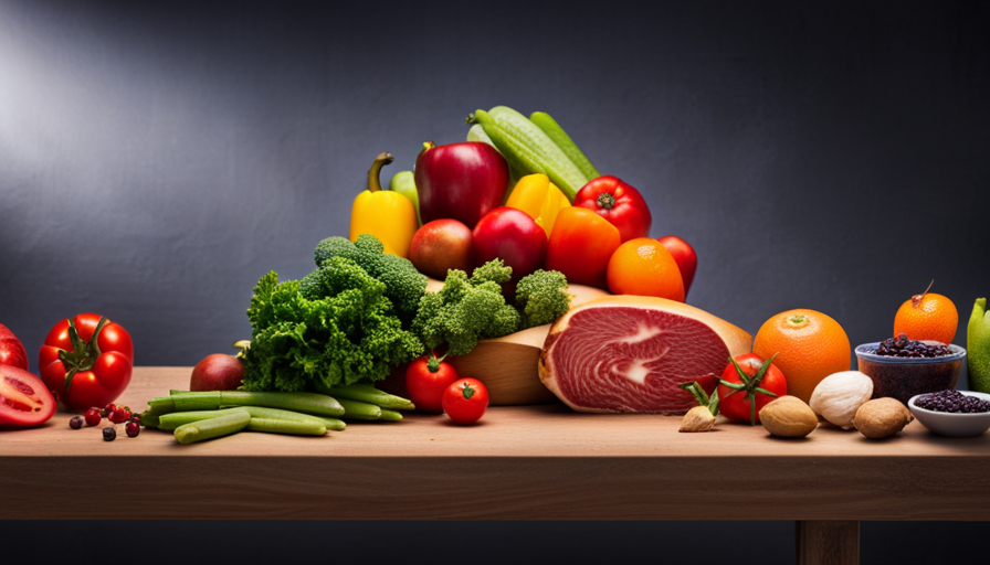 An image showcasing a variety of fresh, vibrant fruits, vegetables, and raw meat arranged in measured portions, illustrating the proportions and diversity of a balanced raw food diet for pets