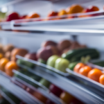 An image showcasing a clean, organized refrigerator with neatly arranged compartments filled with vibrant, fresh vegetables and fruits