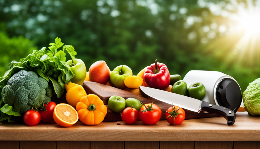 an image showcasing an assortment of vibrant, freshly picked fruits and vegetables, meticulously arranged on a wooden cutting board