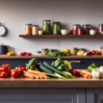 An image showcasing a vibrant kitchen countertop filled with a variety of freshly harvested vegetables and fruits, neatly arranged in glass jars, airtight containers, and eco-friendly produce bags