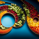 An image showcasing a vibrant, colorful array of freshly harvested fruits and vegetables, meticulously arranged in an elegant, spiral pattern