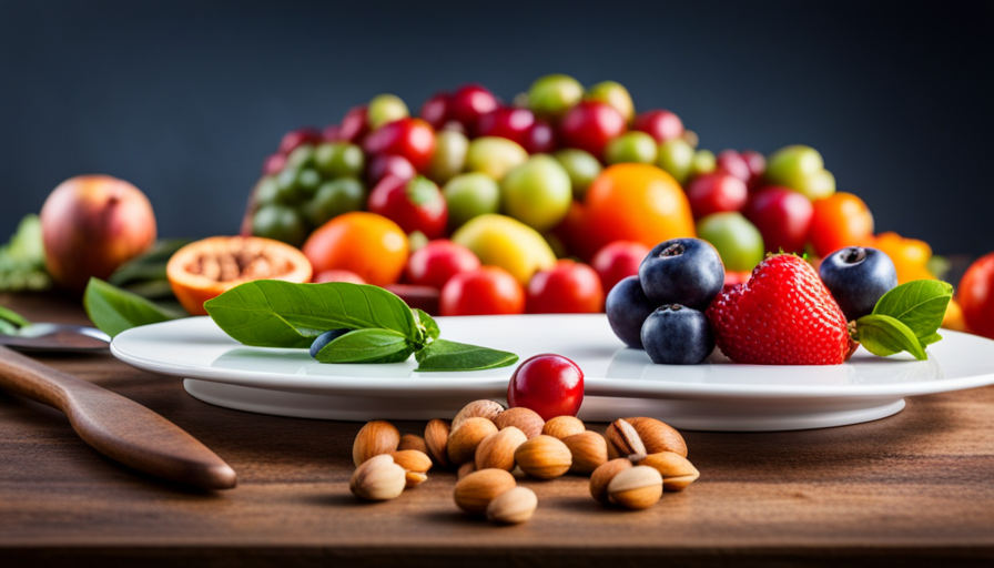 An image showcasing a vibrant plate filled with a colorful assortment of fresh fruits, vegetables, and nuts