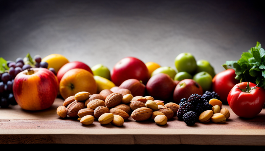 An image showcasing an assortment of vibrant, uncooked fruits, vegetables, and nuts artfully arranged on a rustic wooden platter