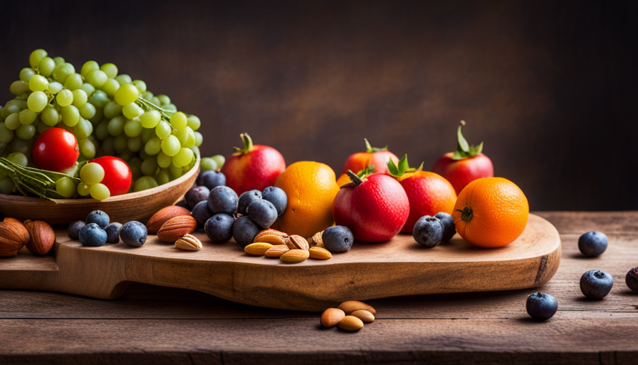 An image showcasing an assortment of vibrant, uncooked fruits, vegetables, and nuts artfully arranged on a rustic wooden platter