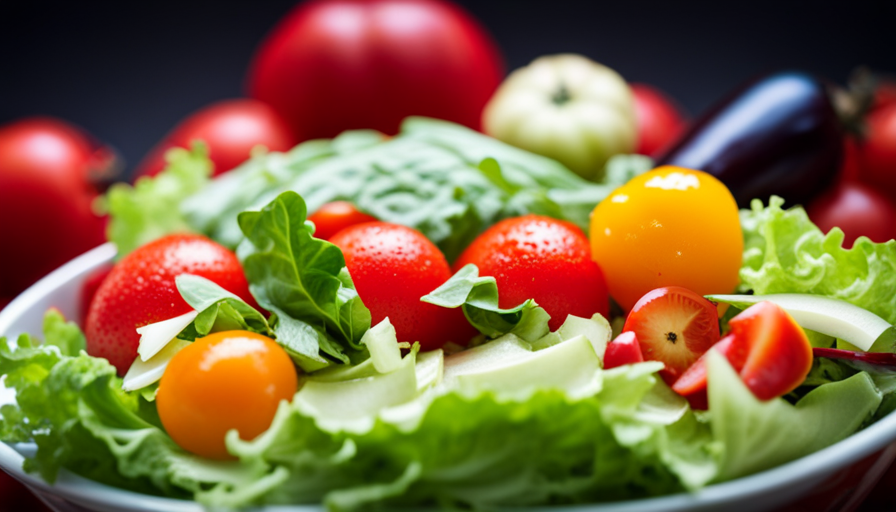 An image showcasing a vibrant array of raw food options, including a colorful salad bowl filled with crisp lettuce, juicy tomatoes, crunchy cucumbers, and an assortment of freshly cut fruits and vegetables