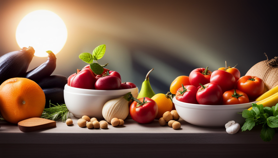 An image featuring a vibrant assortment of raw fruits and vegetables, arranged in an elegant display