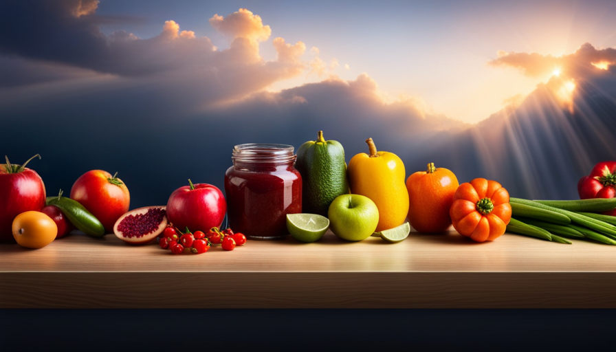An image featuring a vibrant assortment of raw fruits and vegetables, arranged in an elegant display