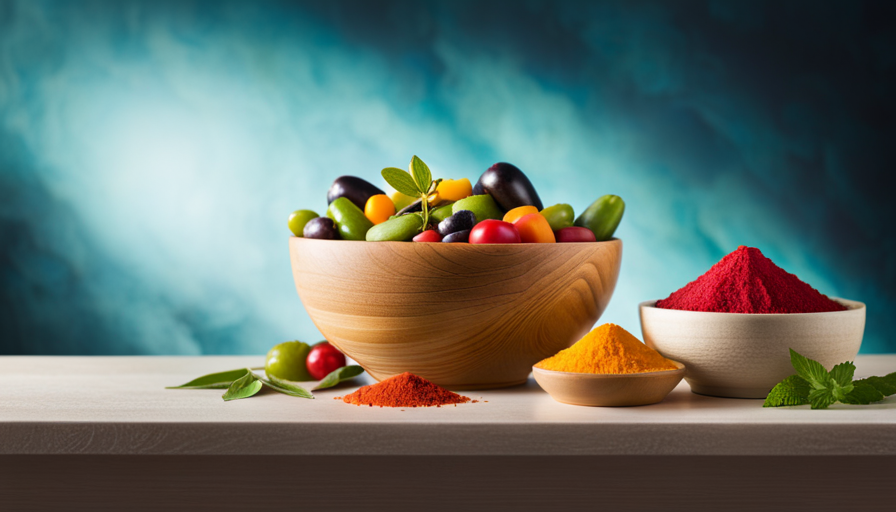 An image featuring a vibrant bowl filled with an assortment of fresh, colorful, and nutrient-rich raw foods, accompanied by a bottle of shatavari extract, showcasing the holistic benefits of this herbal supplement