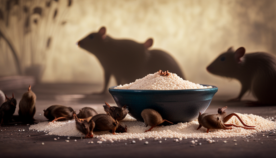 An image showcasing a bowl of raw Garri, topped with dried rodent droppings, surrounded by a swarm of infected rats