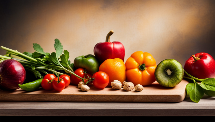 An image showcasing a vibrant assortment of fresh produce, carefully arranged on a wooden cutting board