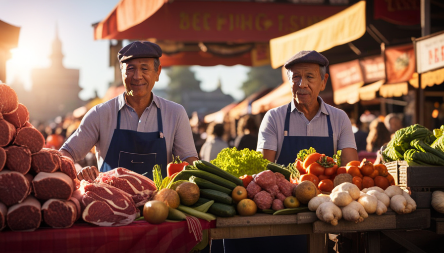An image showcasing a vibrant, bustling farmer's market, teeming with stalls brimming with fresh, raw meats