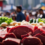 An image showcasing a vibrant, bustling farmer's market, teeming with stalls brimming with fresh, raw meats