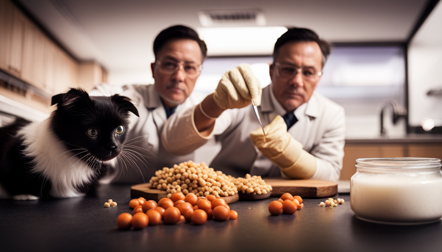 An image featuring a concerned pet owner wearing gloves, carefully measuring and preparing raw pet food, surrounded by various fresh ingredients, while a vet observes attentively in the background
