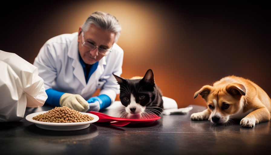 An image featuring a concerned pet owner wearing gloves, carefully measuring and preparing raw pet food, surrounded by various fresh ingredients, while a vet observes attentively in the background