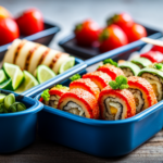 An image showcasing a colorful bento-style lunchbox filled with vibrant, nutrient-packed raw vegan dishes like zucchini noodles, rainbow fruit skewers, and avocado sushi rolls, perfect for taking to school