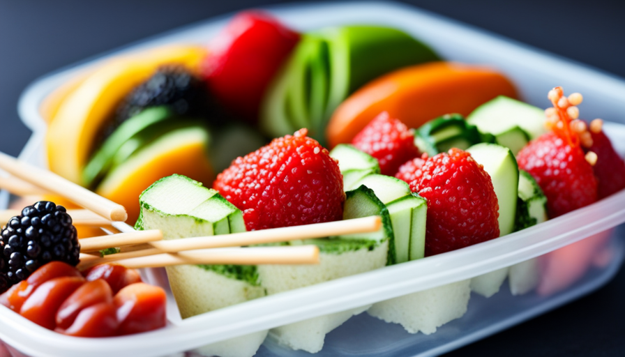 An image showcasing a colorful bento-style lunchbox filled with vibrant, nutrient-packed raw vegan dishes like zucchini noodles, rainbow fruit skewers, and avocado sushi rolls, perfect for taking to school