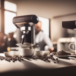 An image showcasing the sleek design of the Rok Espresso Maker on a kitchen countertop, with a barista effortlessly pulling a perfect shot of espresso, steam rising from the cup, and aromatic coffee beans scattered around