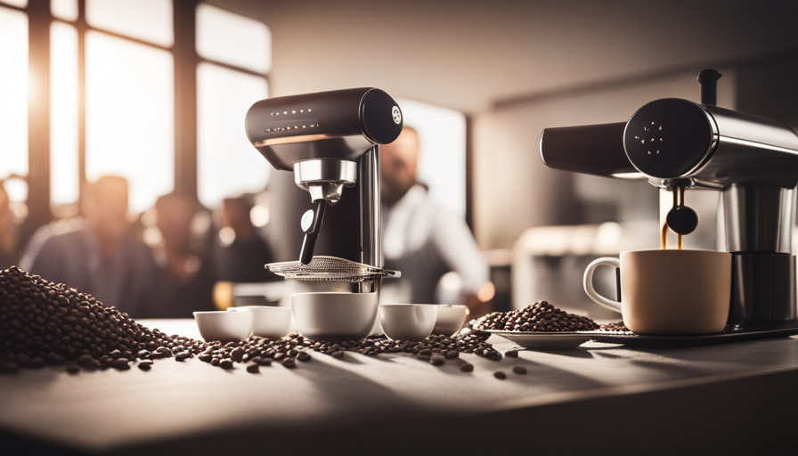 An image showcasing the sleek design of the Rok Espresso Maker on a kitchen countertop, with a barista effortlessly pulling a perfect shot of espresso, steam rising from the cup, and aromatic coffee beans scattered around