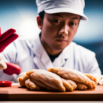 An image that shows a fast food worker wearing gloves while handling raw chicken on a cutting board