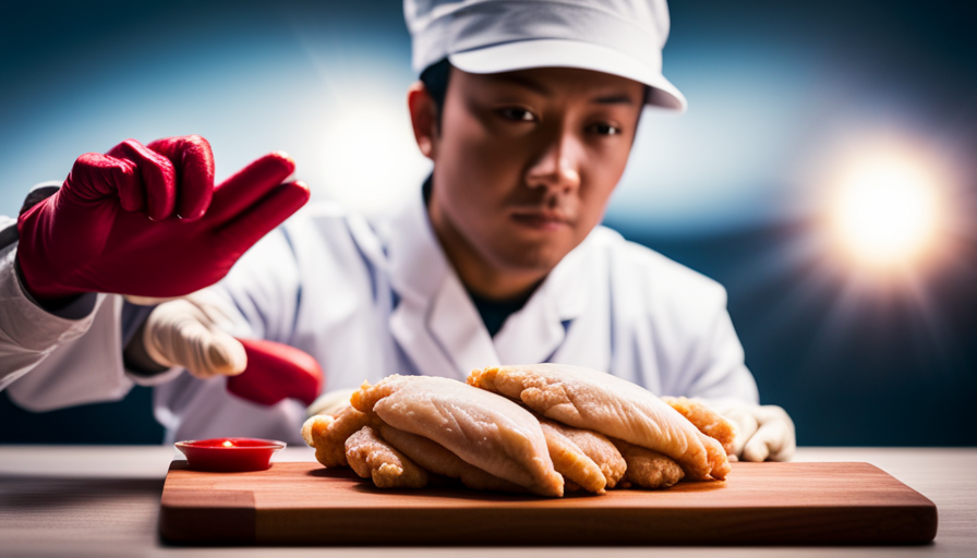 An image that shows a fast food worker wearing gloves while handling raw chicken on a cutting board