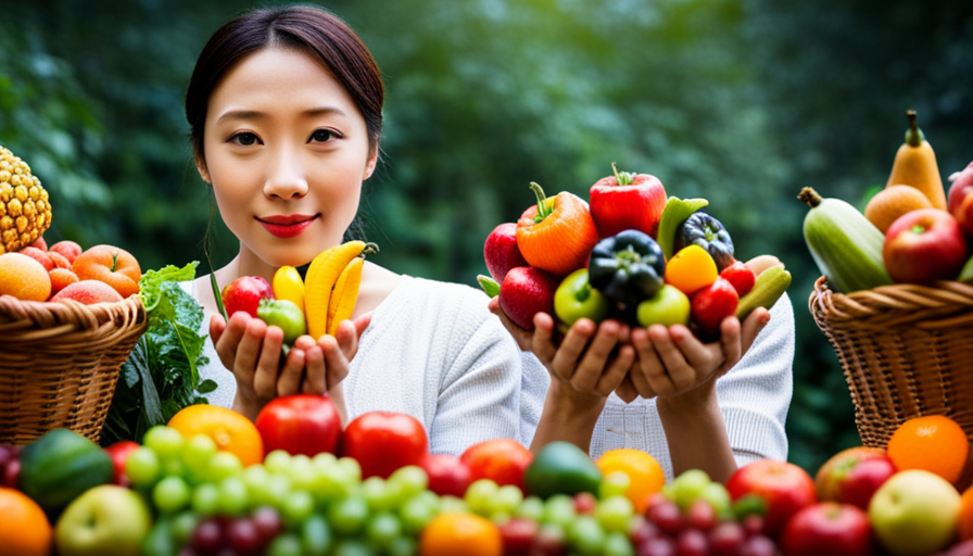 An image depicting a vibrant scene where a person, surrounded by an array of colorful fruits, vegetables, and leafy greens, joyfully indulges in a mouthwatering assortment of raw, unprocessed delicacies