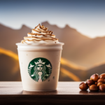 An image showcasing a steaming cup of Starbucks' Chestnut Praline Latte, adorned with a velvety foam and sprinkled with crushed chestnuts, evoking the warmth and flavors of European cafes