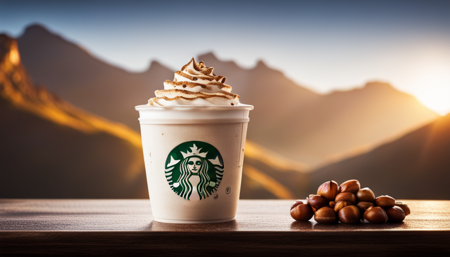 An image showcasing a steaming cup of Starbucks' Chestnut Praline Latte, adorned with a velvety foam and sprinkled with crushed chestnuts, evoking the warmth and flavors of European cafes