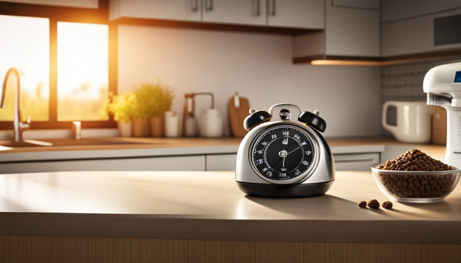 An image showcasing a pristine kitchen countertop with a bowl of rehydrated Stella and Chewy raw food, surrounded by a digital timer showing the elapsed time, while sunlight streams in through a nearby window