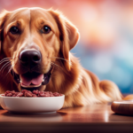 An image showcasing a joyful dog with a shiny coat, eagerly devouring a bowl of Stella and Chewy's raw food, while surrounded by vibrant, fresh ingredients like raw meat, vegetables, and fruits