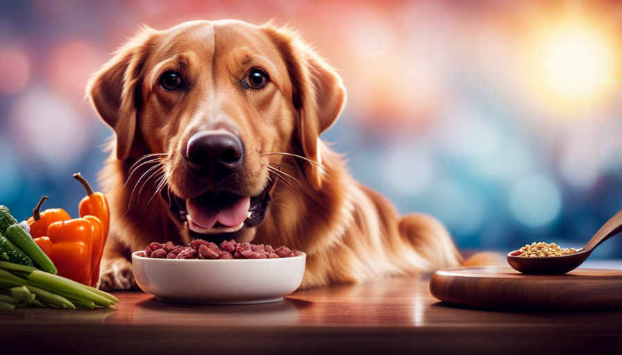 An image showcasing a joyful dog with a shiny coat, eagerly devouring a bowl of Stella and Chewy's raw food, while surrounded by vibrant, fresh ingredients like raw meat, vegetables, and fruits