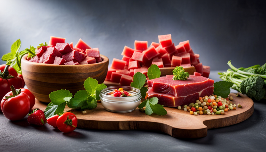 An image showcasing a variety of vibrant, fresh ingredients, such as succulent chunks of raw meat, organic fruits and vegetables, and wholesome supplements, beautifully arranged to illustrate the ideal portion sizes for feeding Steves Raw Food