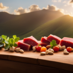 An image showcasing a variety of vibrant, fresh ingredients, such as succulent chunks of raw meat, organic fruits and vegetables, and wholesome supplements, beautifully arranged to illustrate the ideal portion sizes for feeding Steves Raw Food