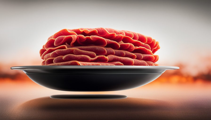 An image depicting a cooler filled with raw meat on the top shelf, dripping juices onto a plate of prepared food beneath it