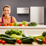 An image capturing a vibrant, sunlit kitchen with a supermodel gracefully arranging a colorful array of fresh fruits, vegetables, and leafy greens on a sleek, modern countertop, showcasing her commitment to a raw food diet