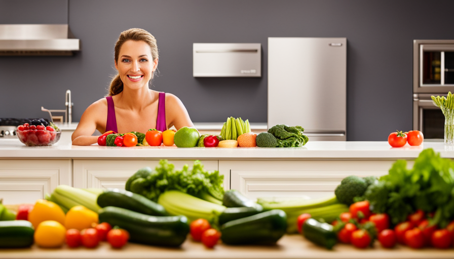An image capturing a vibrant, sunlit kitchen with a supermodel gracefully arranging a colorful array of fresh fruits, vegetables, and leafy greens on a sleek, modern countertop, showcasing her commitment to a raw food diet