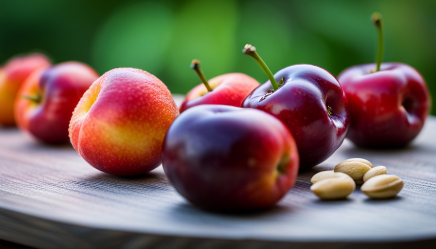 An image showcasing a vibrant assortment of luscious fruits like cherries, apricots, and peaches, contrasting with poisonous counterparts like unripe elderberries, raw cashews, and green potatoes, highlighting the deceptive nature of sweet genius foods