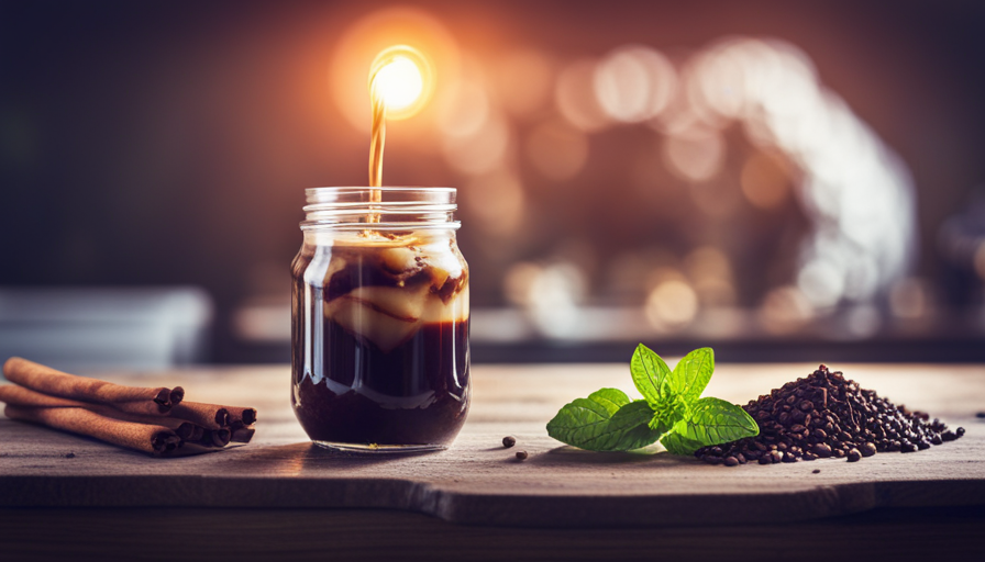 an inviting scene with a glass jar filled with rich, dark cold brew coffee, adorned with a swirl of creamy, homemade vanilla syrup