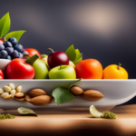 An image showcasing a vibrant plate filled with an assortment of colorful fruits, vegetables, nuts, and seeds