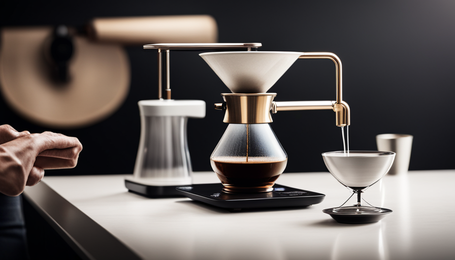 An image showcasing the sleek Acaia Pearl coffee scale on a minimalist countertop, with a freshly brewed pour-over coffee slowly being poured into a Chemex, capturing the precision and elegance this disruptive coffee scale brings to every brew