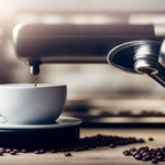 An image capturing the intricate process of brewing espresso at home: a skilled hand gently grinding beans, coffee grounds gracefully falling into a portafilter, and a beautifully patterned shot being extracted into a porcelain cup