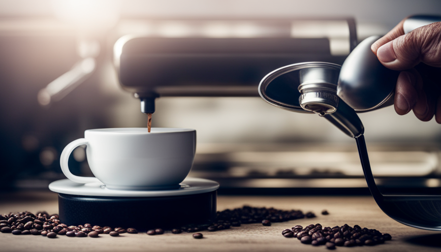 An image capturing the intricate process of brewing espresso at home: a skilled hand gently grinding beans, coffee grounds gracefully falling into a portafilter, and a beautifully patterned shot being extracted into a porcelain cup