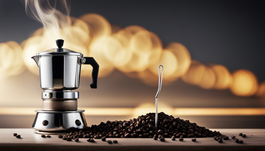 An image showcasing a gleaming stainless steel Moka pot resting on a gas stove burner, surrounded by aromatic coffee grounds, with rising wisps of steam and golden-brown espresso cascading into a porcelain cup below