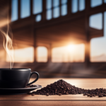 An image showcasing the art of long black coffee: a sleek, black ceramic cup brimming with smooth, dark elixir, wisps of steam dancing gracefully above, contrasting against a backdrop of rustic, weathered brick