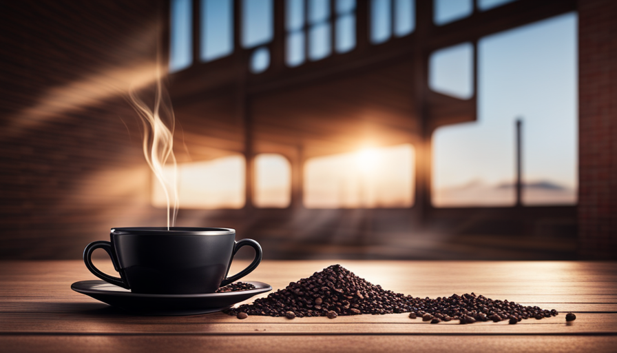 An image showcasing the art of long black coffee: a sleek, black ceramic cup brimming with smooth, dark elixir, wisps of steam dancing gracefully above, contrasting against a backdrop of rustic, weathered brick
