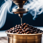 An image capturing the essence of Turkish coffee grinding: A skilled hand gracefully operating a traditional brass coffee grinder, releasing aromatic clouds of freshly ground coffee beans into an intricately patterned ceramic cup